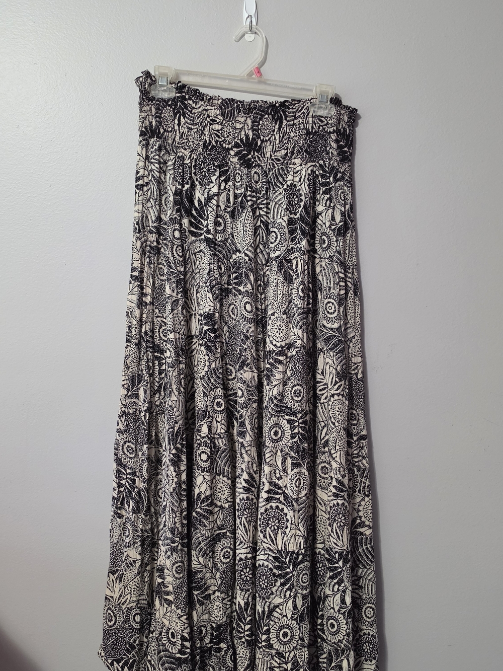 Angie Black and Cream Floral Smocked Waist Maxi Skirt